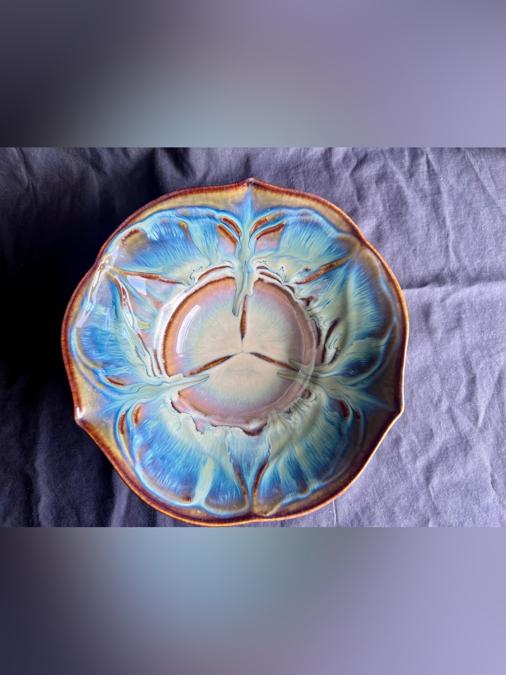 Vintage Bill Campbell Art Pottery Signed Blue Flambeaux Drip Glaze Lotus Bowl